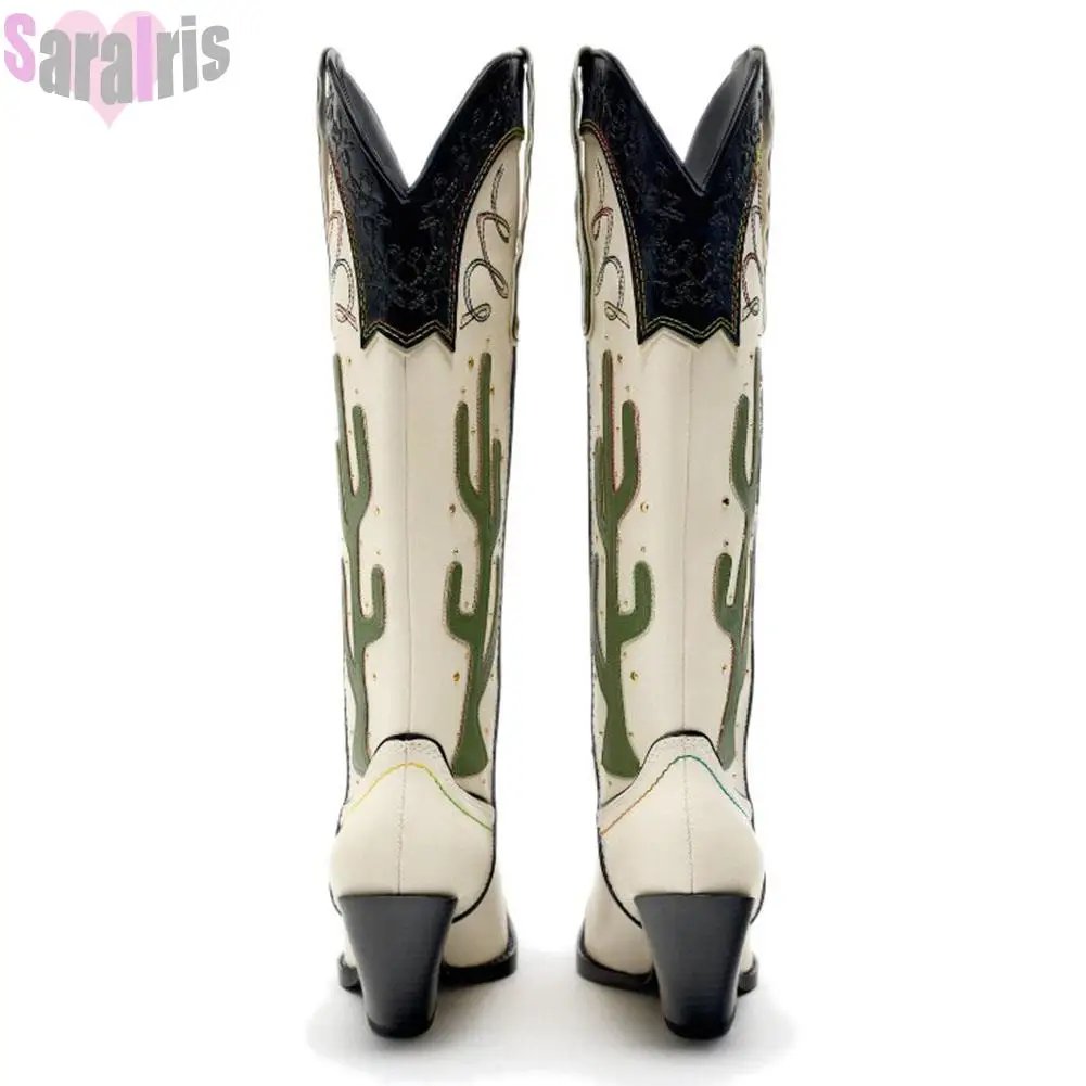 Botas altas de tacón ancho para mujer con estampado de cactus ranchero