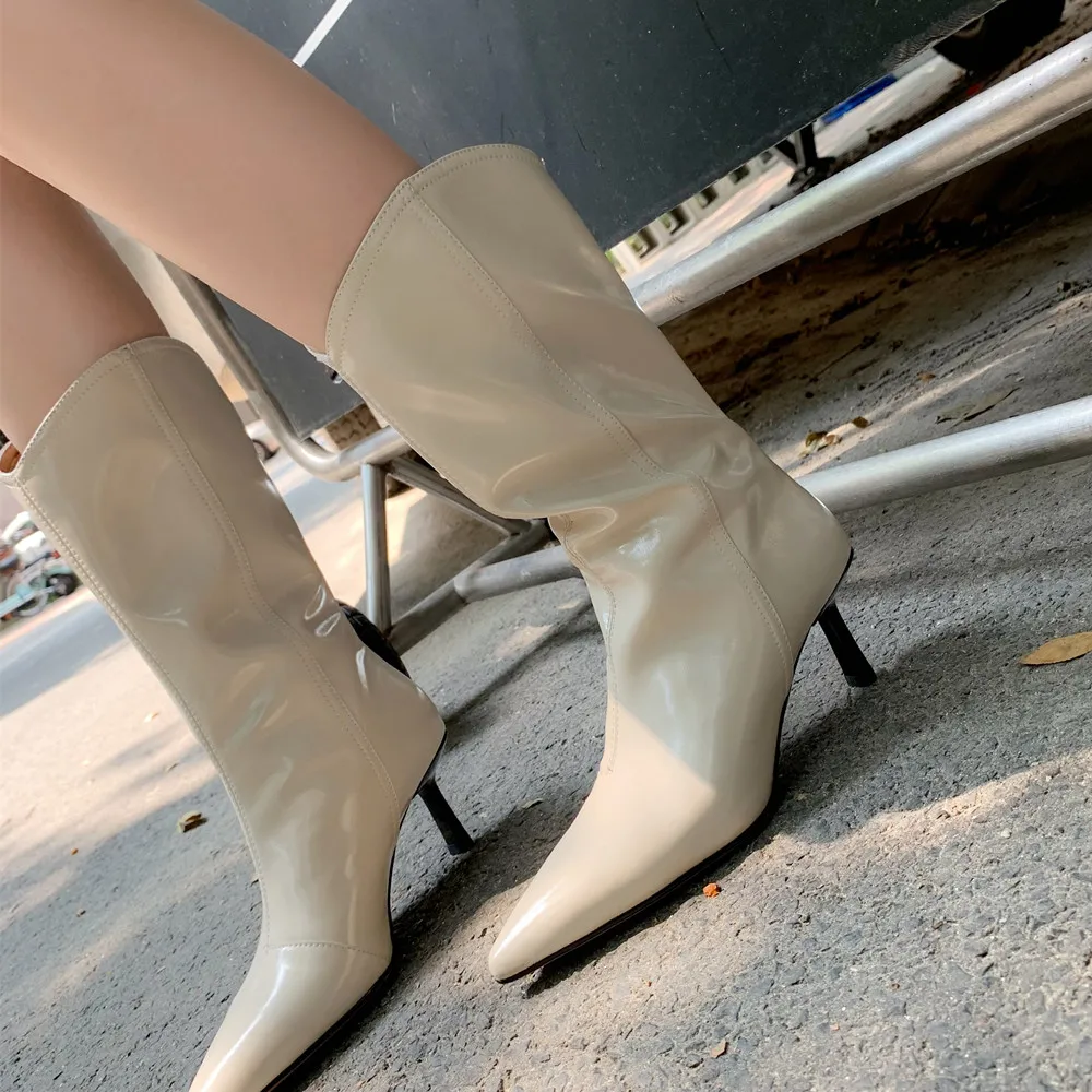 Mujeres bota de caña alta ajustada de tacón stiletto de piel auténtica