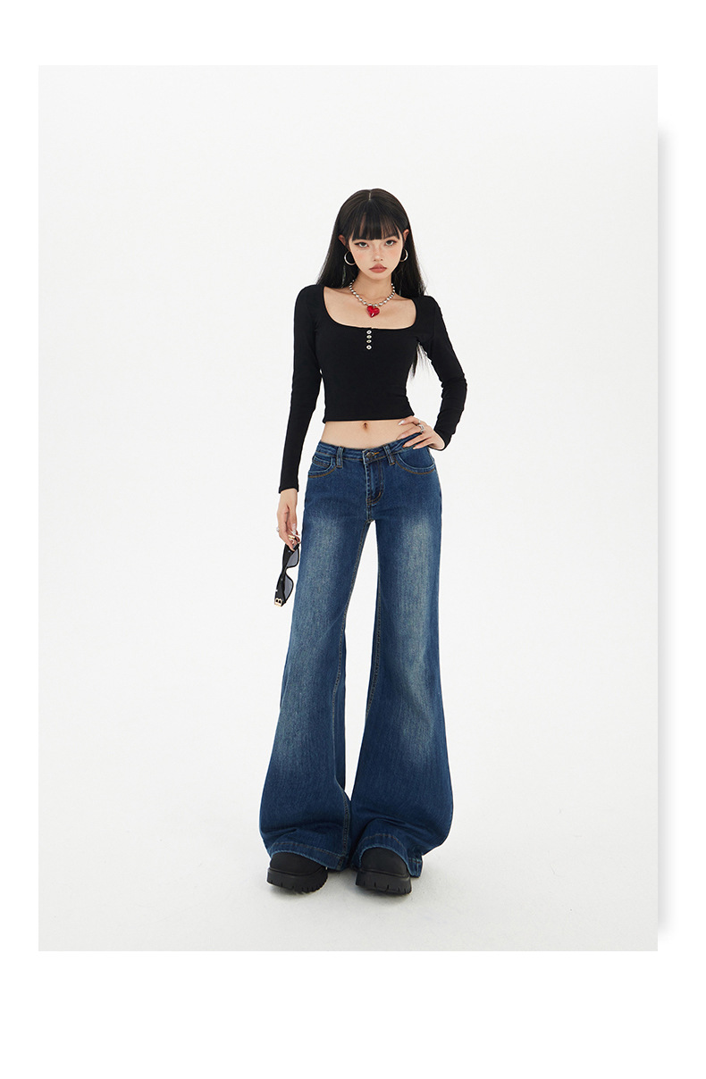 Jeans campana de algodón azul marino de mujer, estilo hipster y callejero