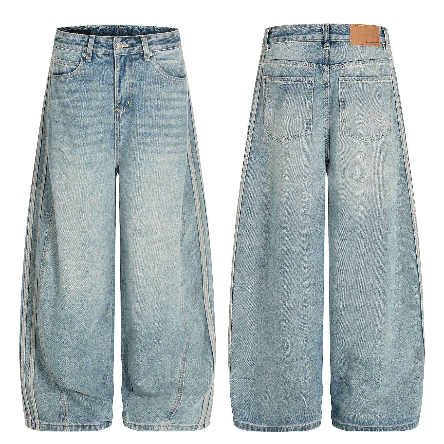 Pantalones vaqueros holgados retro de índigo lavado a la piedra con ribete de contraste