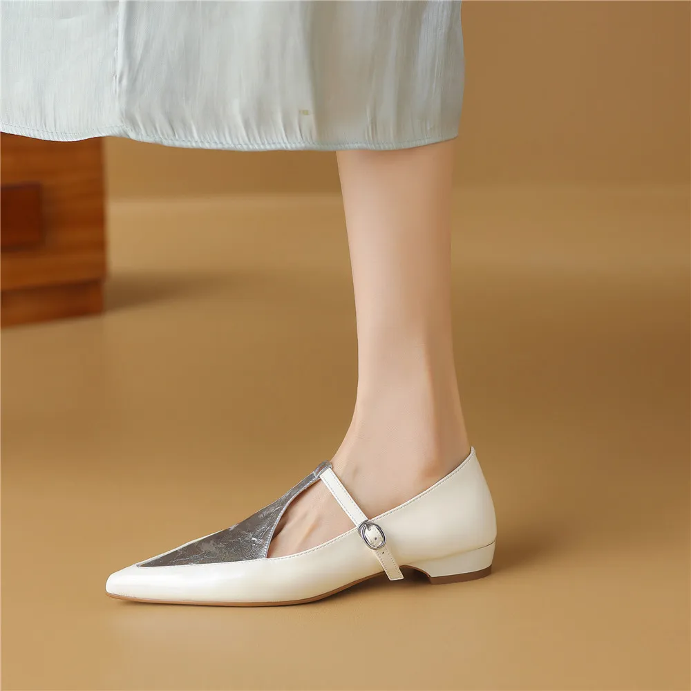 New Arrival Pointed Toe Women Sheep Skin Flats Mixed Color Splicing Buckle Strap Plus Casual Street Shoes