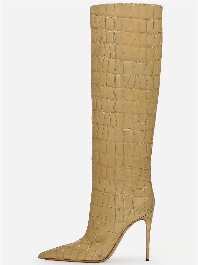 Botas de mujer altas de tacón aguja de punta afinada con estampado de felino
