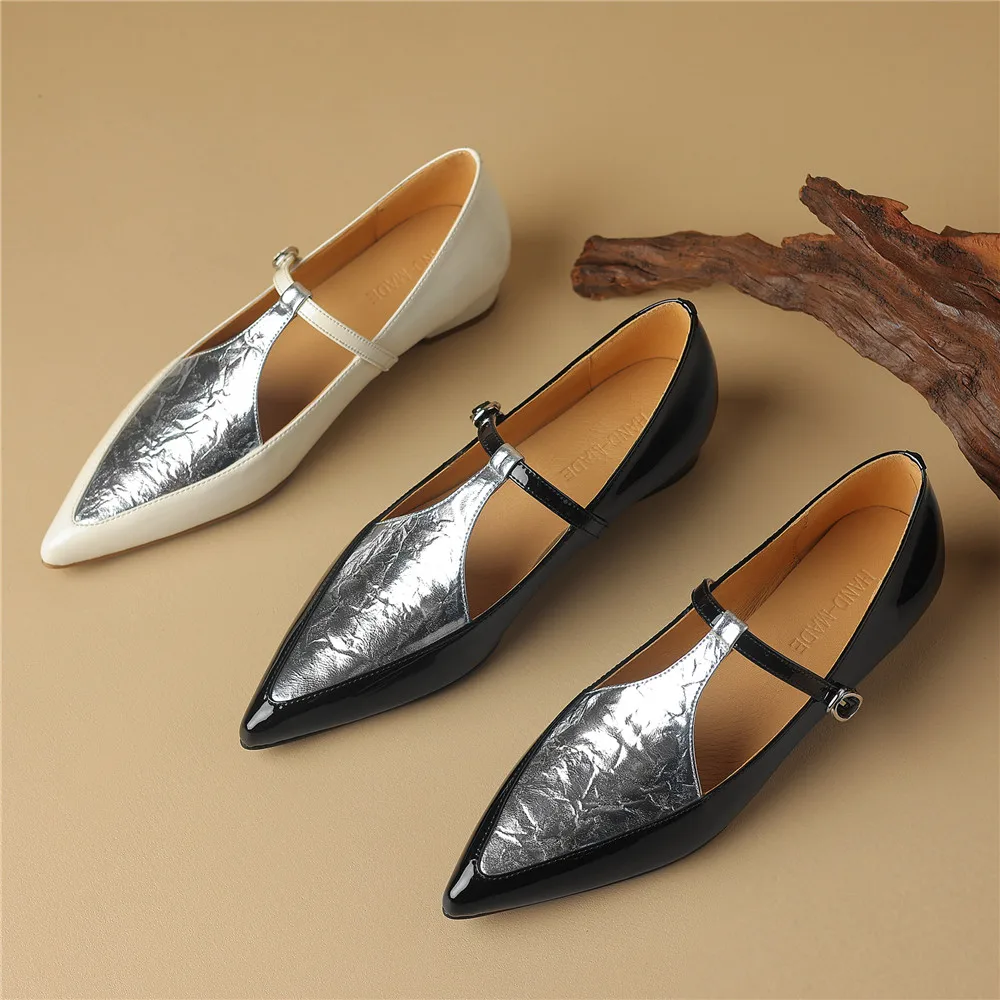 New Arrival Pointed Toe Women Sheep Skin Flats Mixed Color Splicing Buckle Strap Plus Casual Street Shoes
