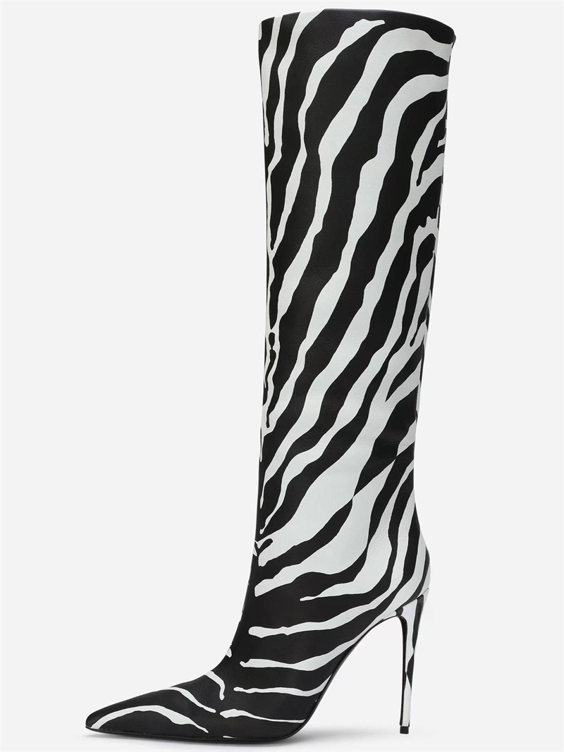 Botas de mujer altas de tacón aguja de punta afinada con estampado de felino