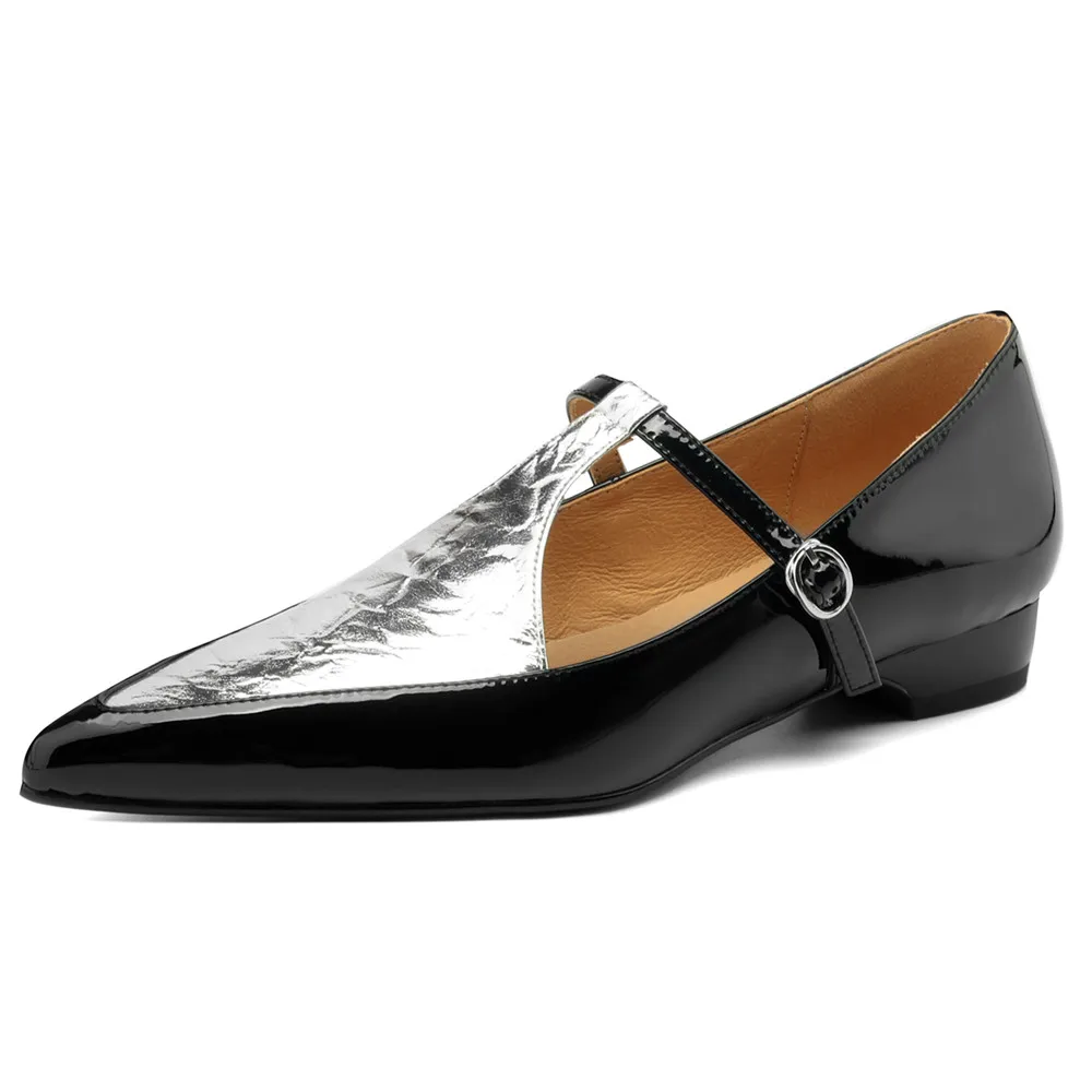 New Arrival Pointed Toe Women Sheep Skin Flats Mixed Color Splicing Buckle Strap Plus Casual Street Shoes