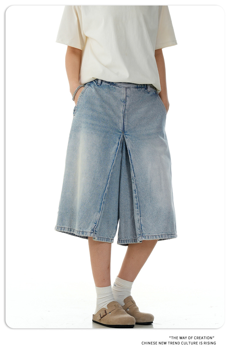 Unisex retro añil algodón acampanados holgados pantalones cortos