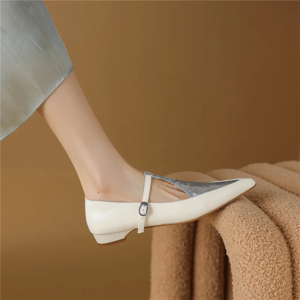 New Arrival Pointed Toe Women Sheep Skin Flats Mixed Color Splicing Buckle Strap Plus Casual Street Shoes