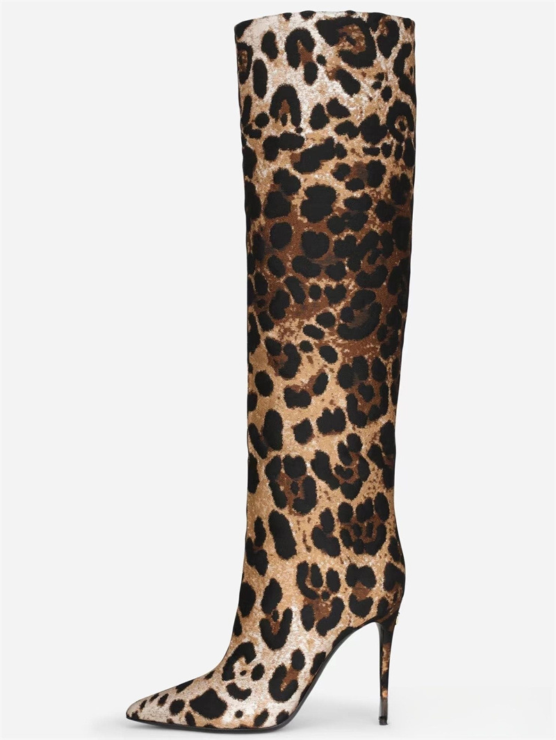 Botas de mujer altas de tacón aguja de punta afinada con estampado de felino