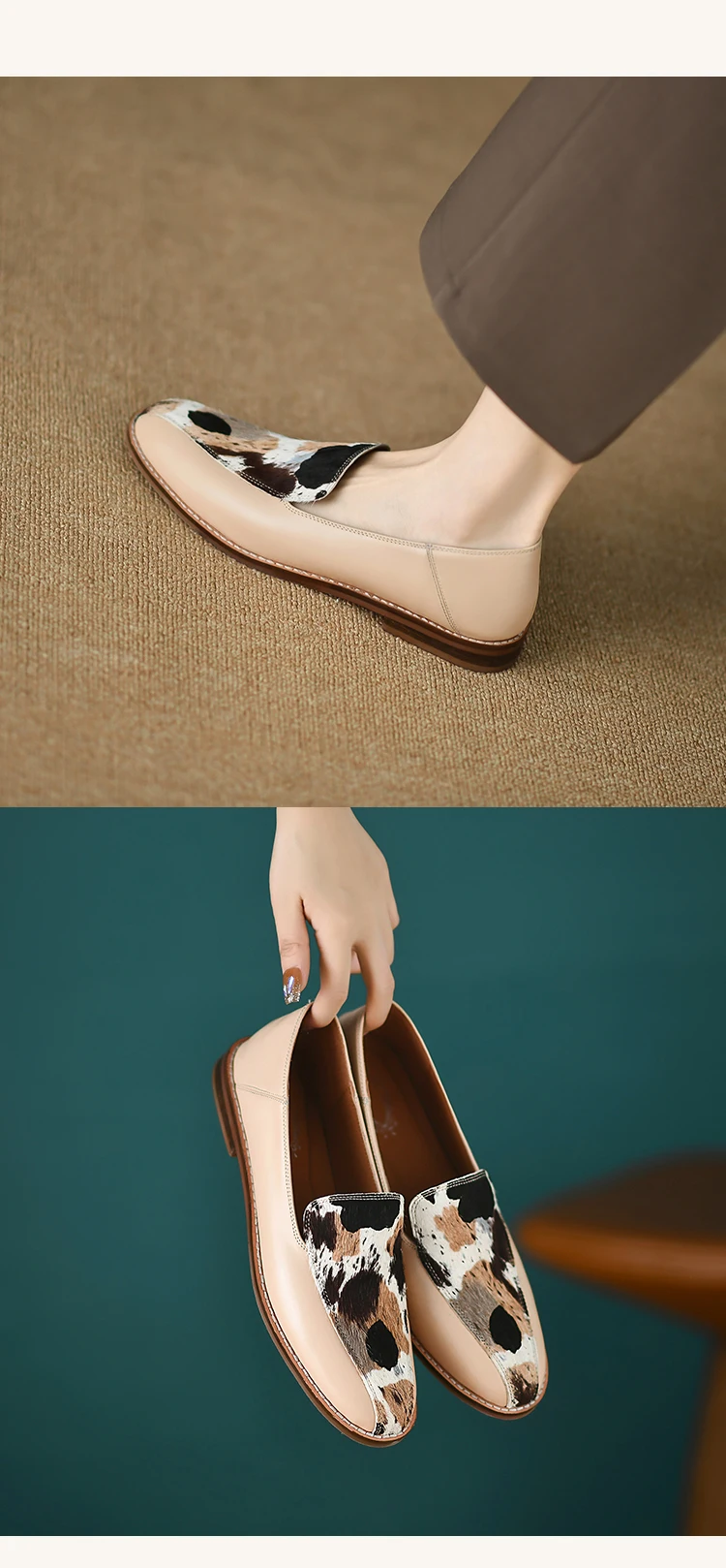 Zapatos sin cordones de mujer con estampado animal de piel de ternera con pelo
