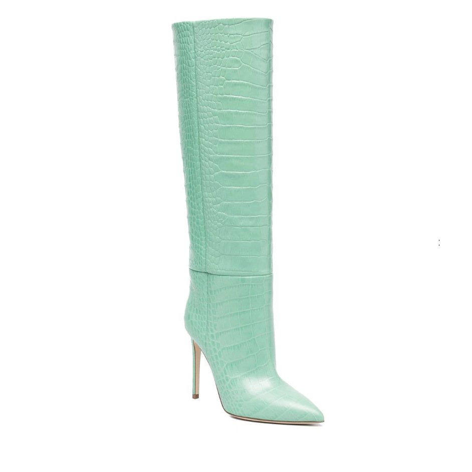 Botas de mujer de calce fácil de piel de serpiente de punta fina
