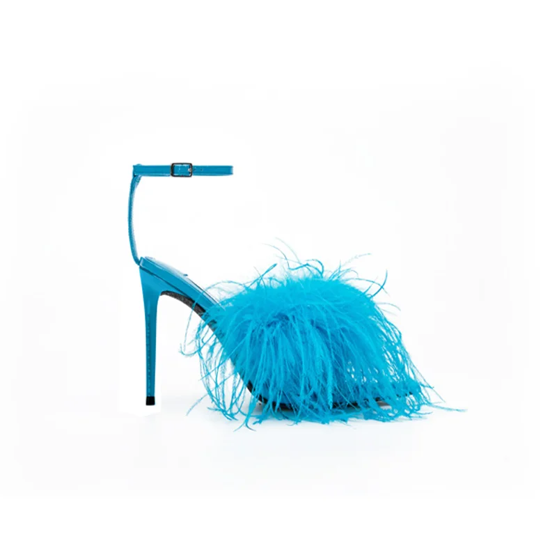 Sandalias de damas de tobillo de punta con tacón stiletto y ribete de marabú