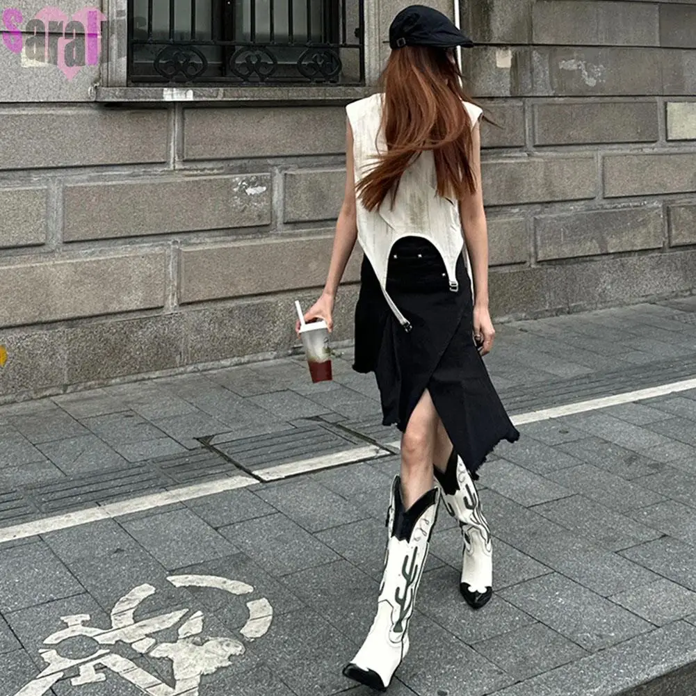 Botas altas de tacón ancho para mujer con estampado de cactus ranchero