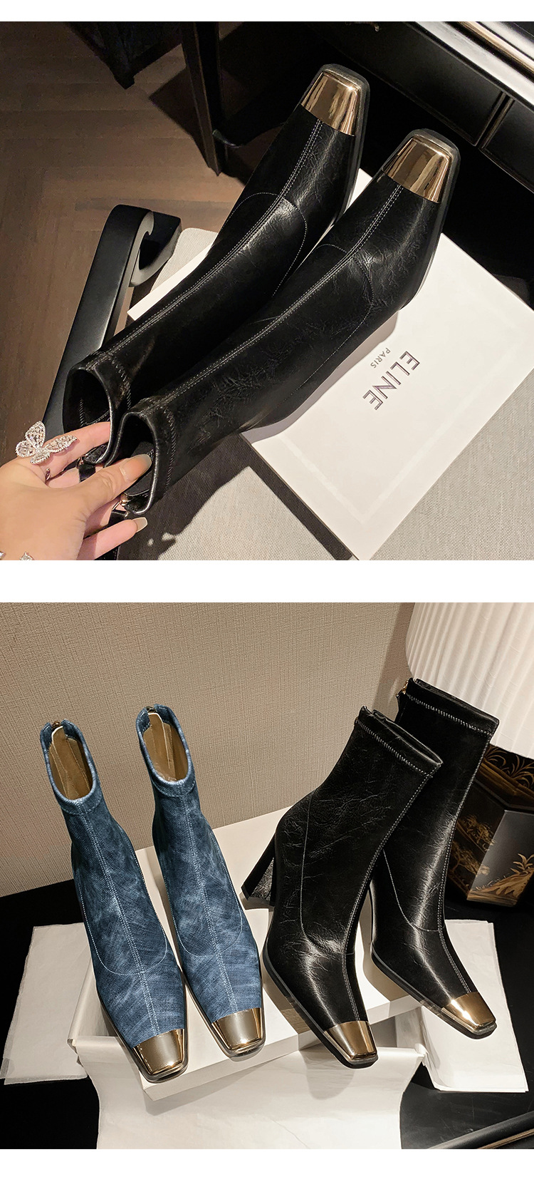 Botines de mujer en azul marino y gris carbón de suela gruesa y tacón ancho
