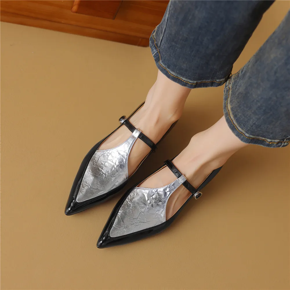 New Arrival Pointed Toe Women Sheep Skin Flats Mixed Color Splicing Buckle Strap Plus Casual Street Shoes
