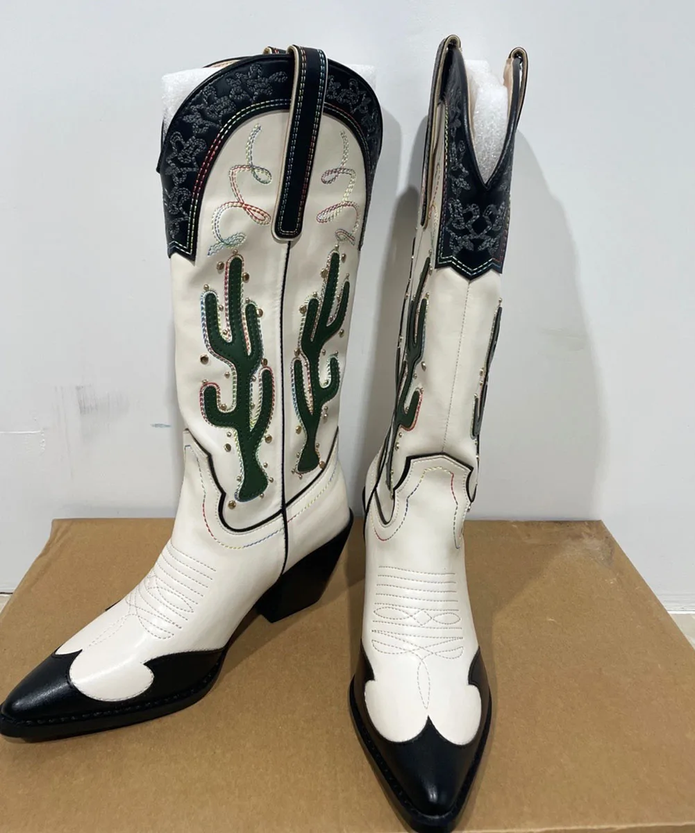 Botas altas de tacón ancho para mujer con estampado de cactus ranchero