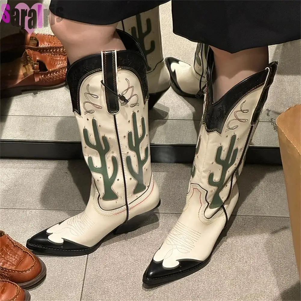 Botas altas de tacón ancho para mujer con estampado de cactus ranchero