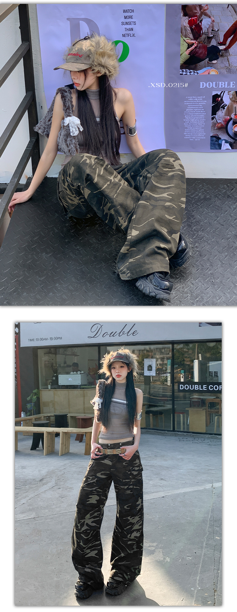 Pantalones utilitarios de talle bajo ajustados a la cadera, corte relajado y dobladillo ajustable con cordón