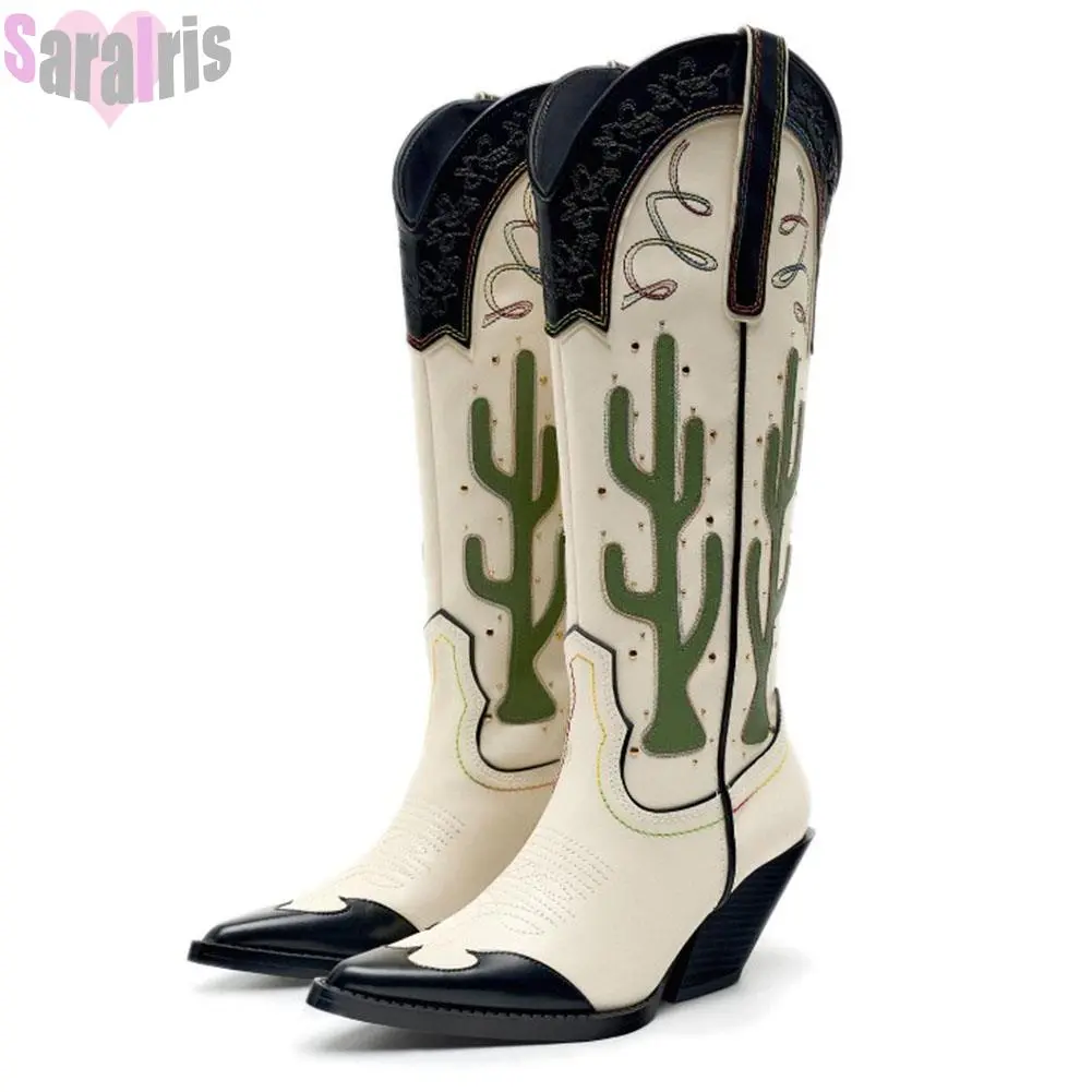 Botas altas de tacón ancho para mujer con estampado de cactus ranchero