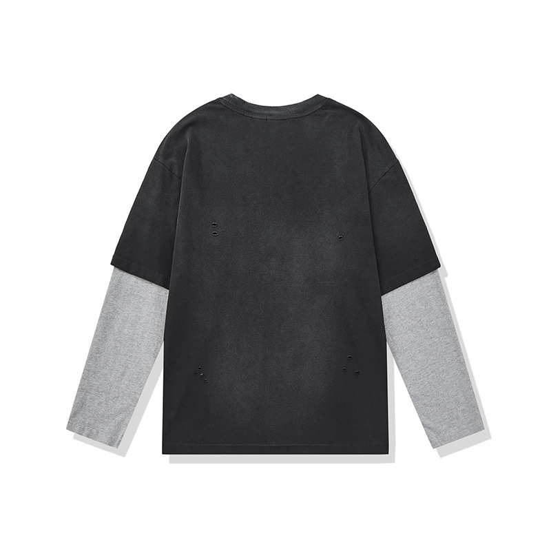 Camiseta oversized vintage de manga completa con gráfico desgarrado y capas superpuestas