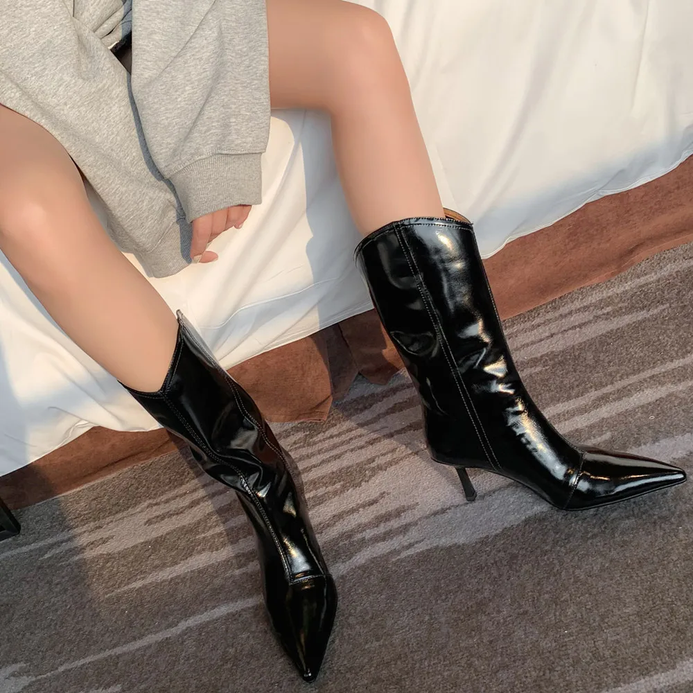 Mujeres bota de caña alta ajustada de tacón stiletto de piel auténtica