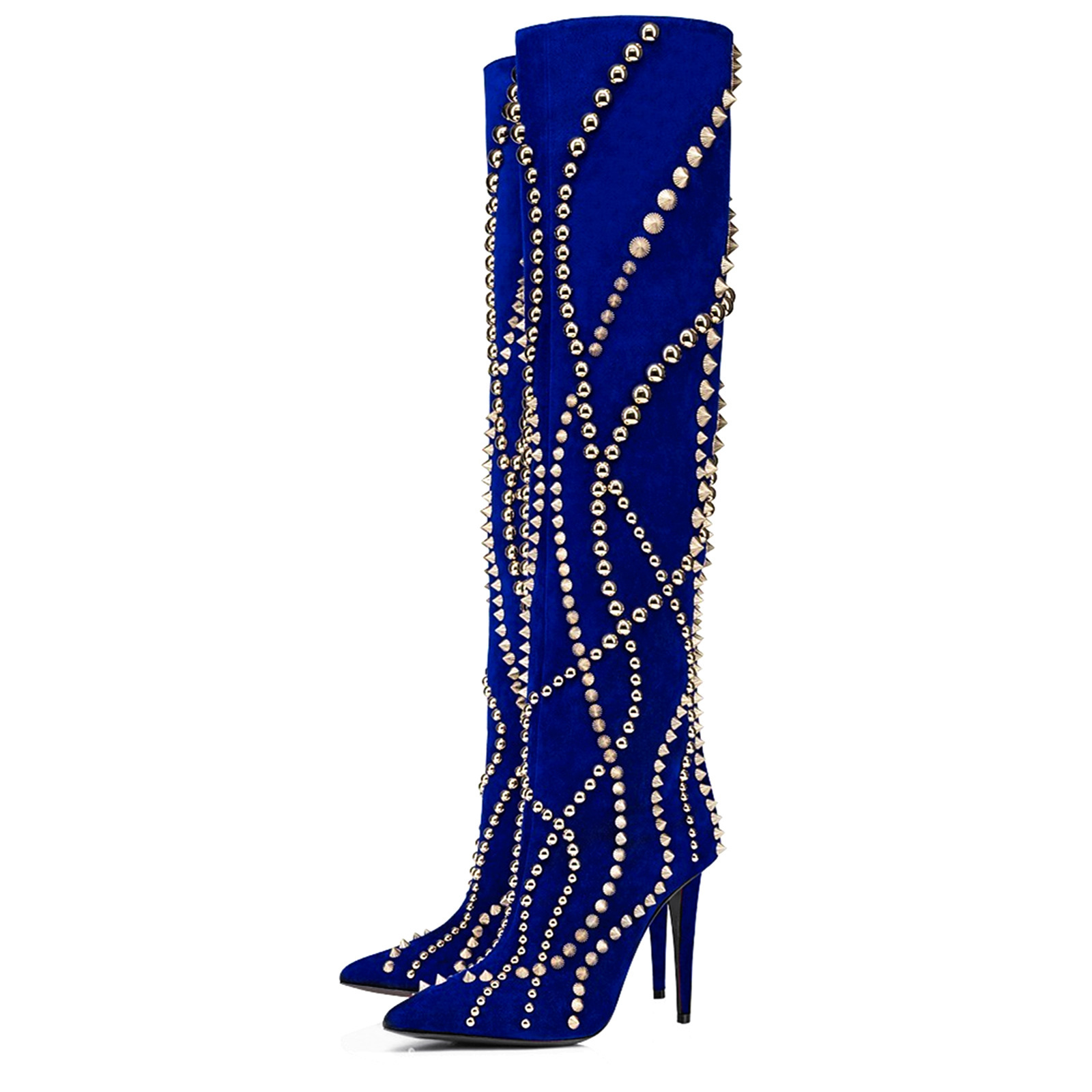 Botas hasta el muslo para mujer de punta afilada, tacón de aguja y tachuelas