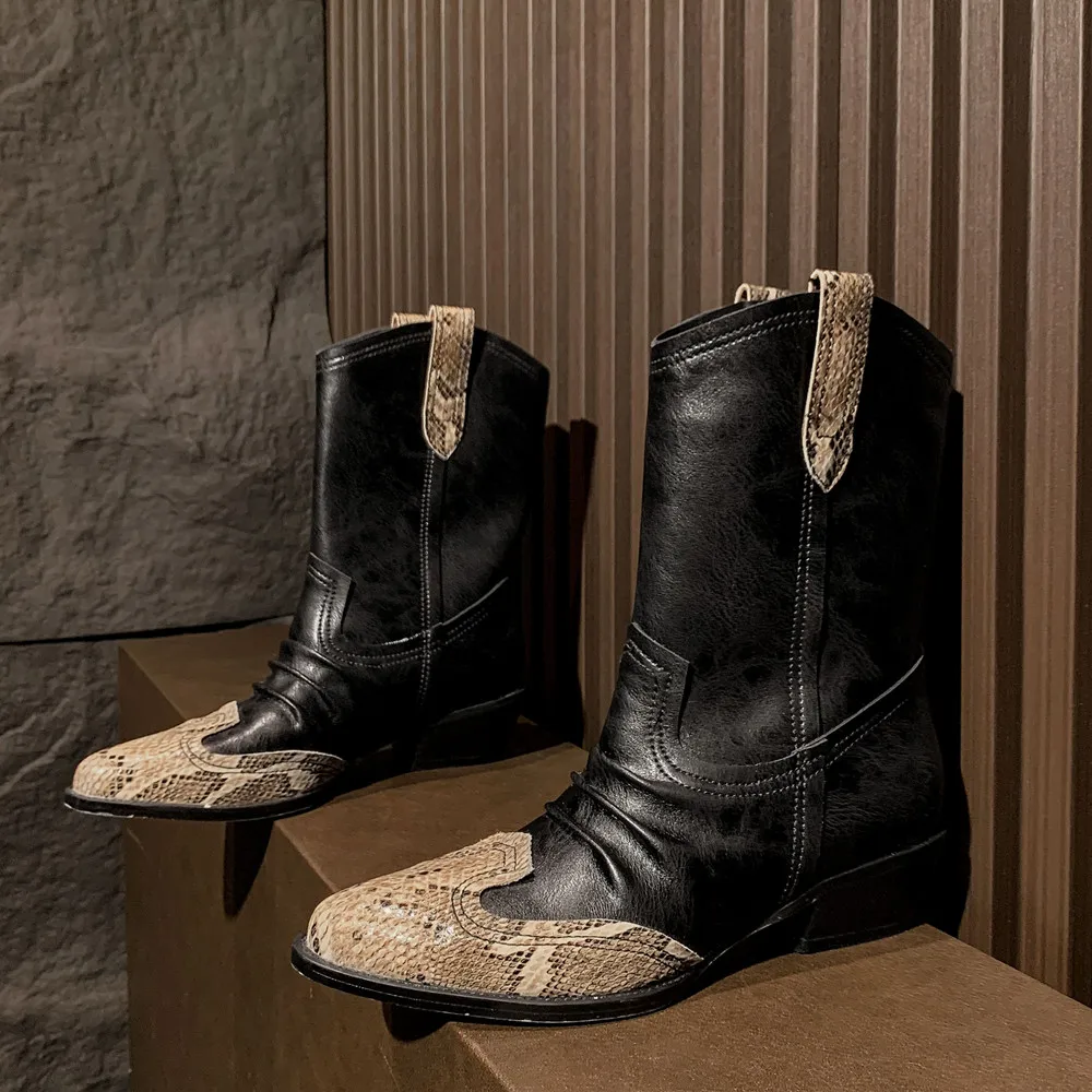 Botines femeninos de caña baja de piel de vaca vintage