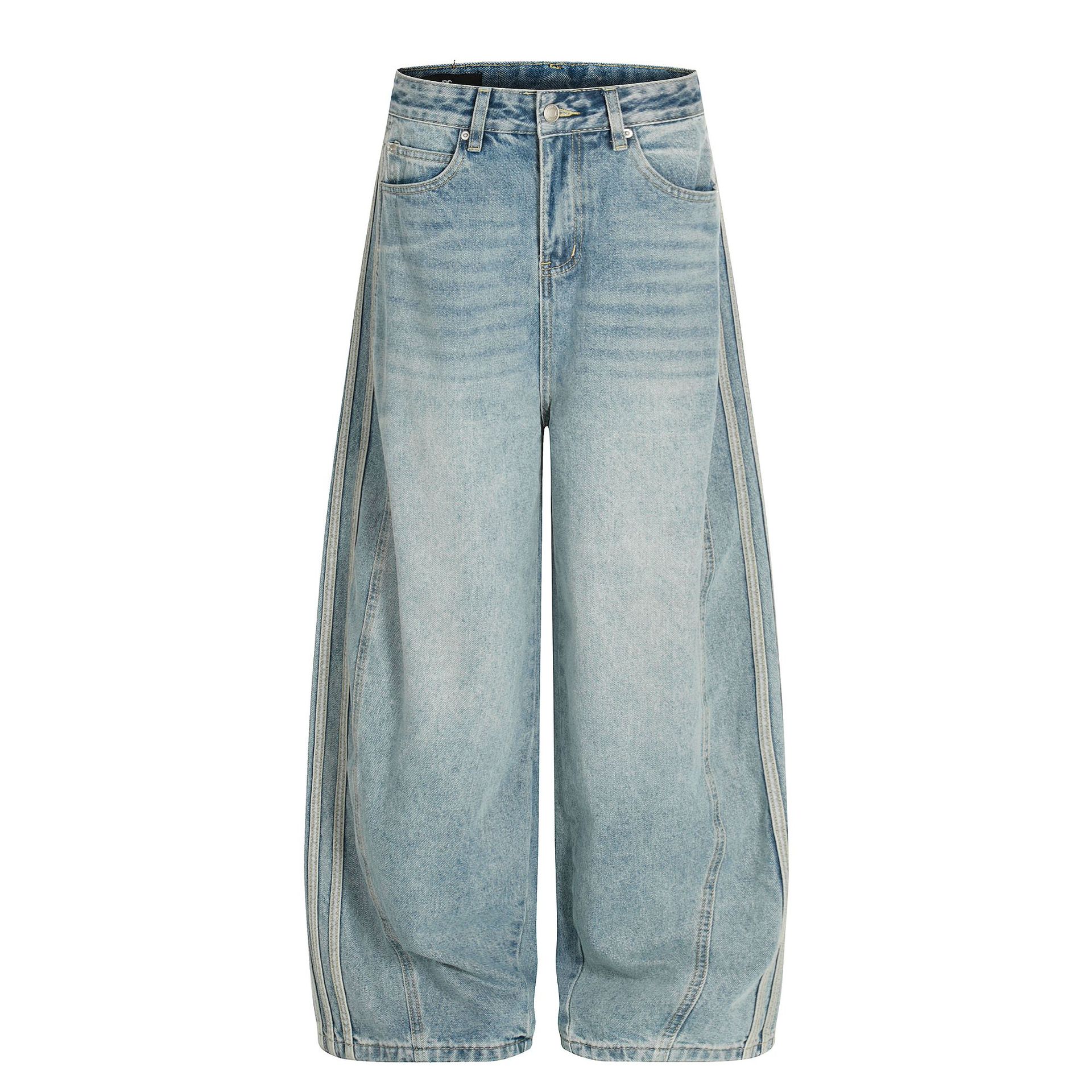 Pantalones vaqueros holgados retro de índigo lavado a la piedra con ribete de contraste