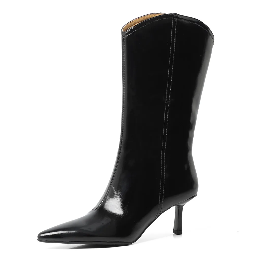Mujeres bota de caña alta ajustada de tacón stiletto de piel auténtica