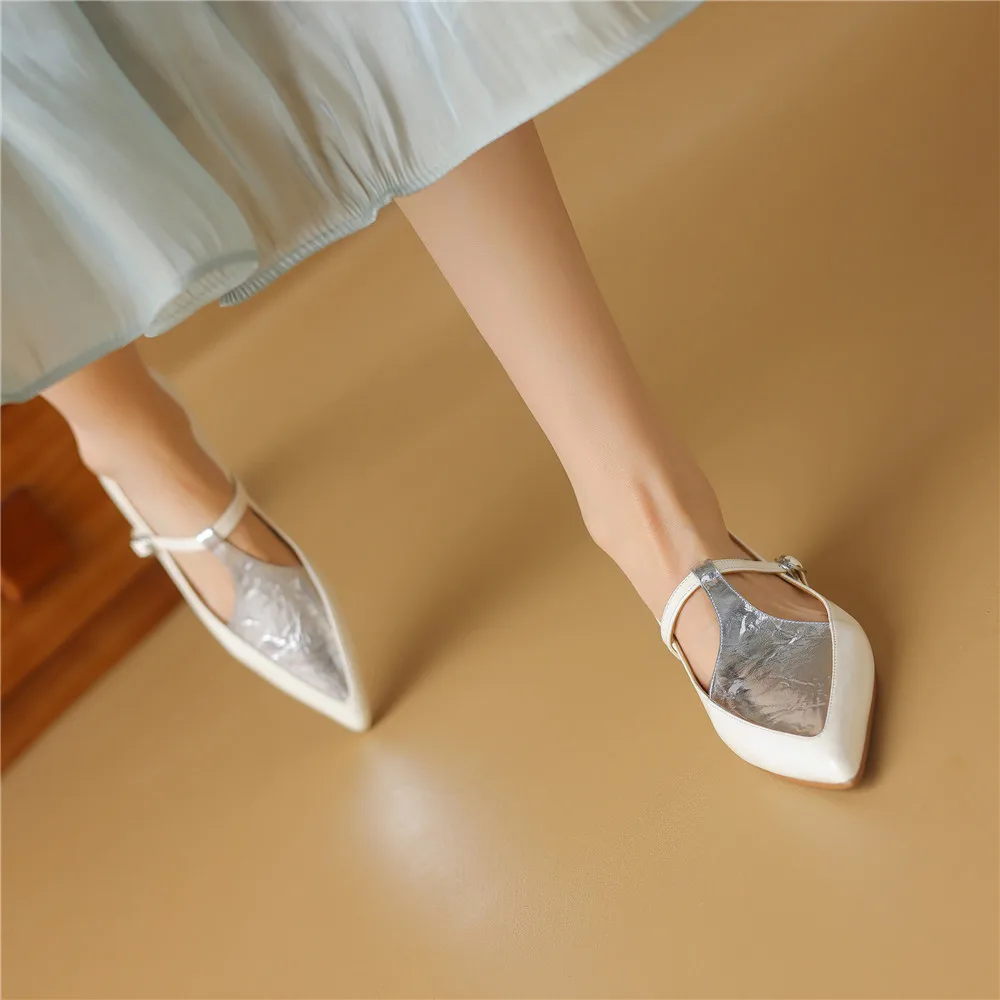 New Arrival Pointed Toe Women Sheep Skin Flats Mixed Color Splicing Buckle Strap Plus Casual Street Shoes