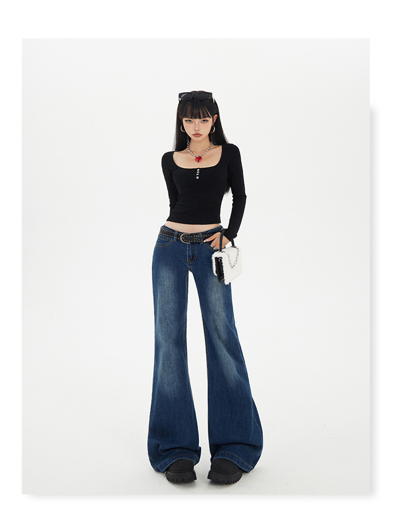 Jeans campana de algodón azul marino de mujer, estilo hipster y callejero