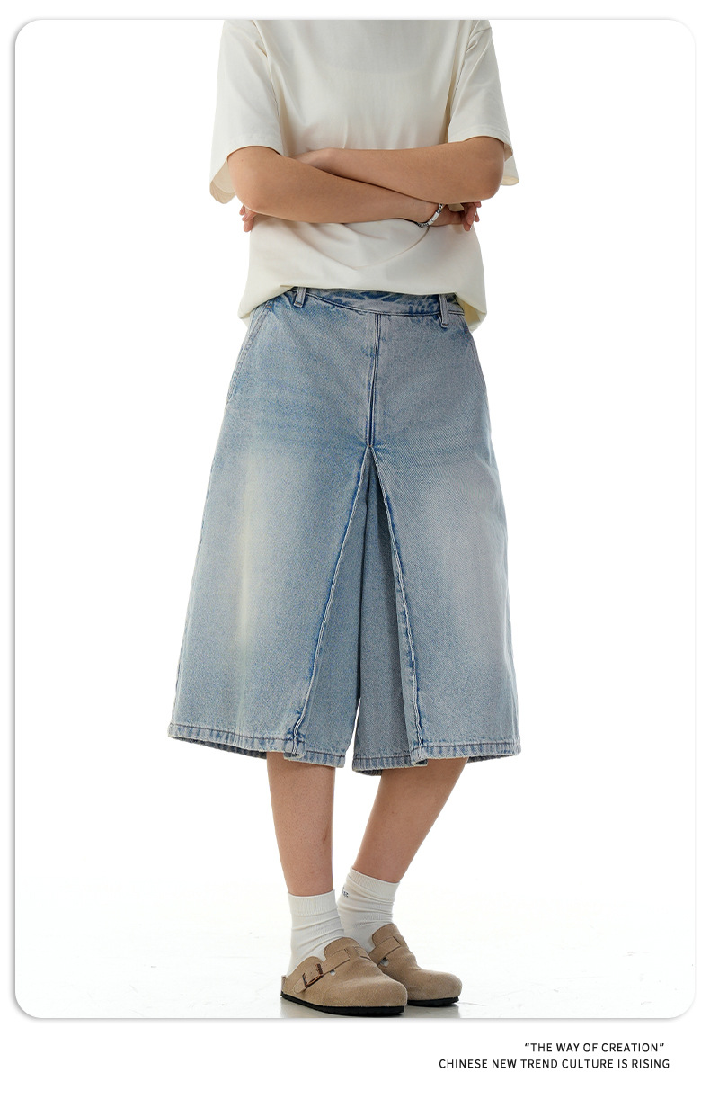 Unisex retro añil algodón acampanados holgados pantalones cortos