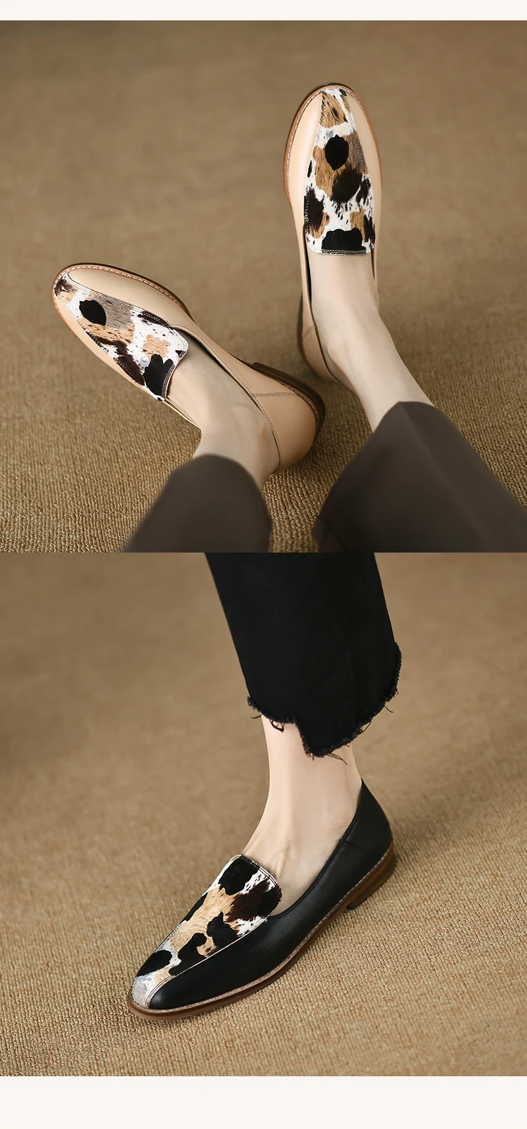 Zapatos sin cordones de mujer con estampado animal de piel de ternera con pelo