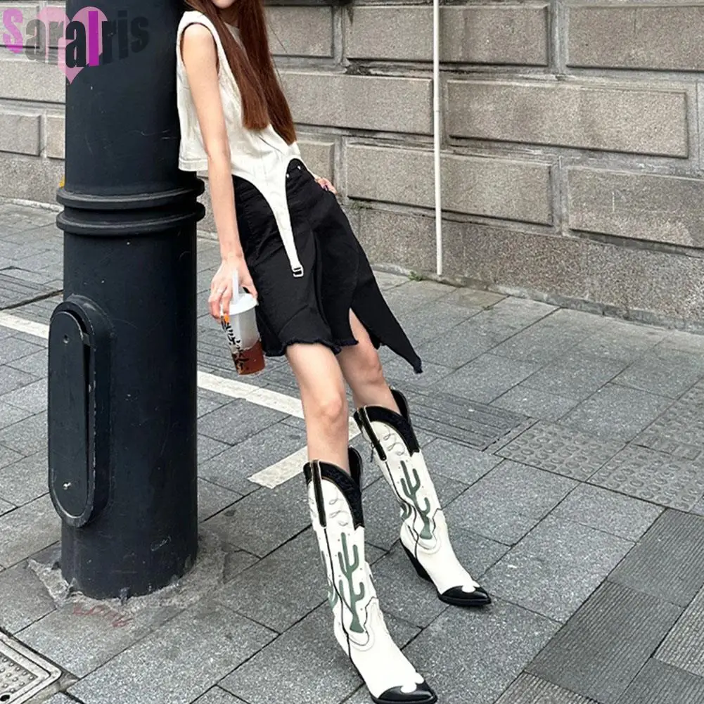Botas altas de tacón ancho para mujer con estampado de cactus ranchero