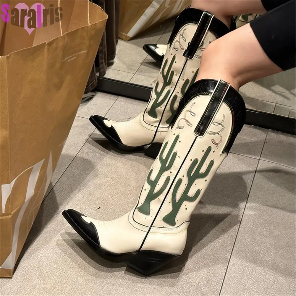 Botas altas de tacón ancho para mujer con estampado de cactus ranchero