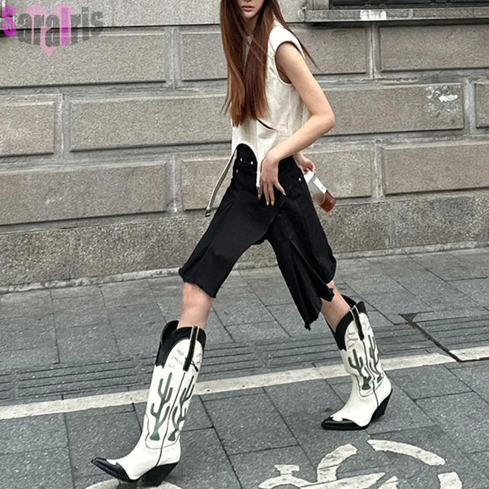 Botas altas de tacón ancho para mujer con estampado de cactus ranchero