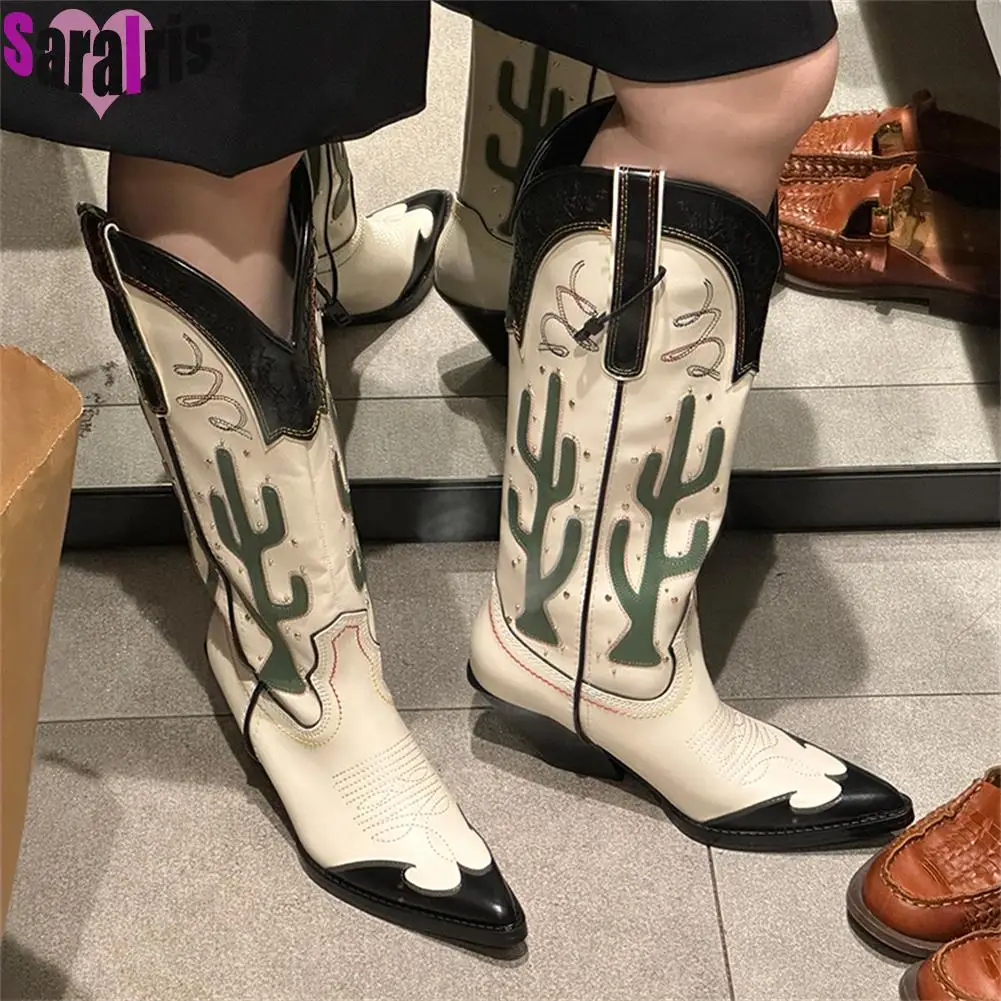 Botas altas de tacón ancho para mujer con estampado de cactus ranchero