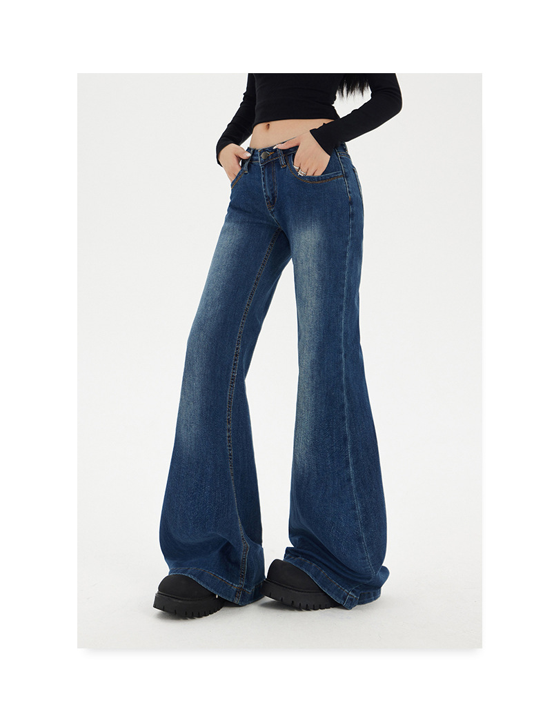 Jeans campana de algodón azul marino de mujer, estilo hipster y callejero