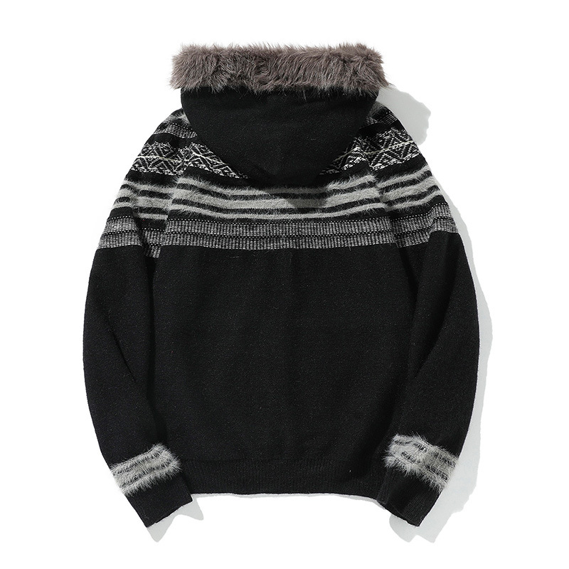 Abrigo oversize de punto jacquard con ribete de pelo a juego