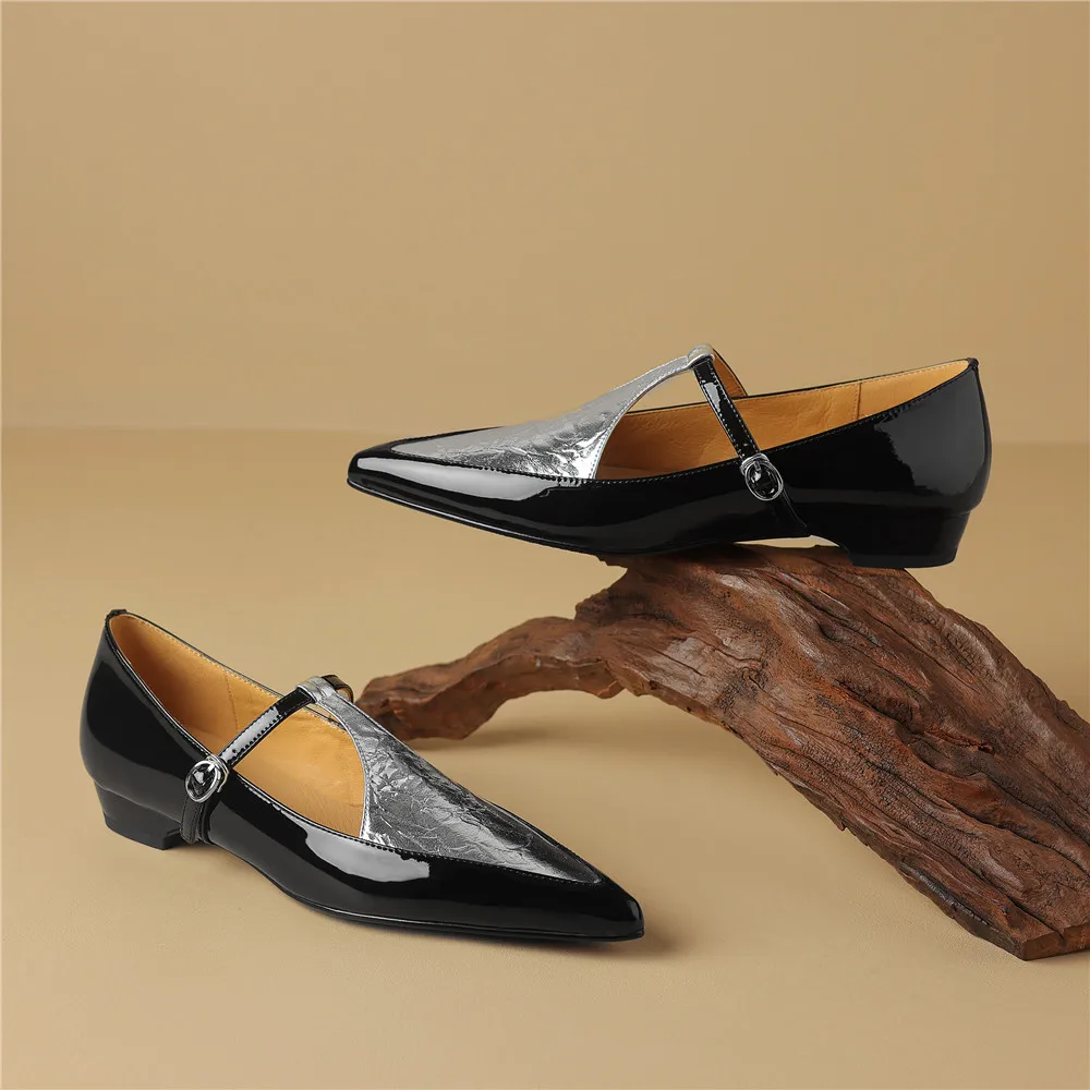 New Arrival Pointed Toe Women Sheep Skin Flats Mixed Color Splicing Buckle Strap Plus Casual Street Shoes